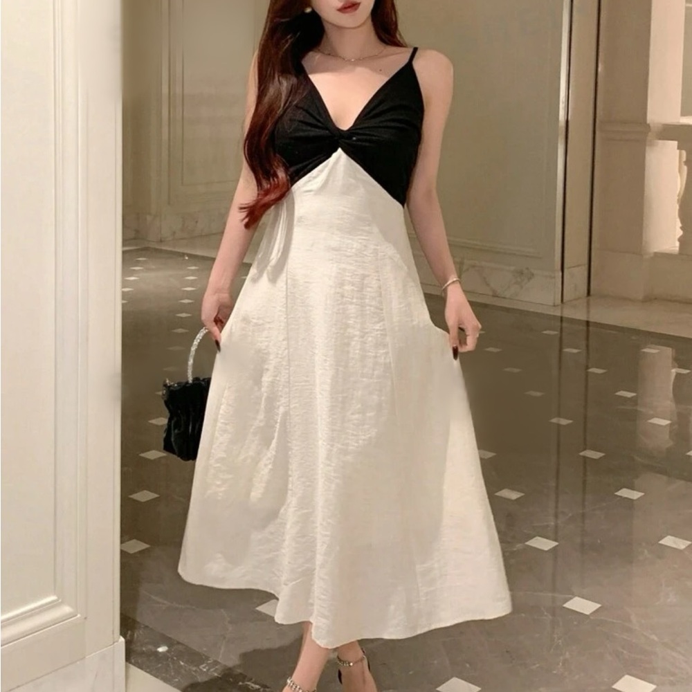 Cream & black Colorblock linen feel skirt Twisted Strap Midi Dress - Picture 3 of 5
